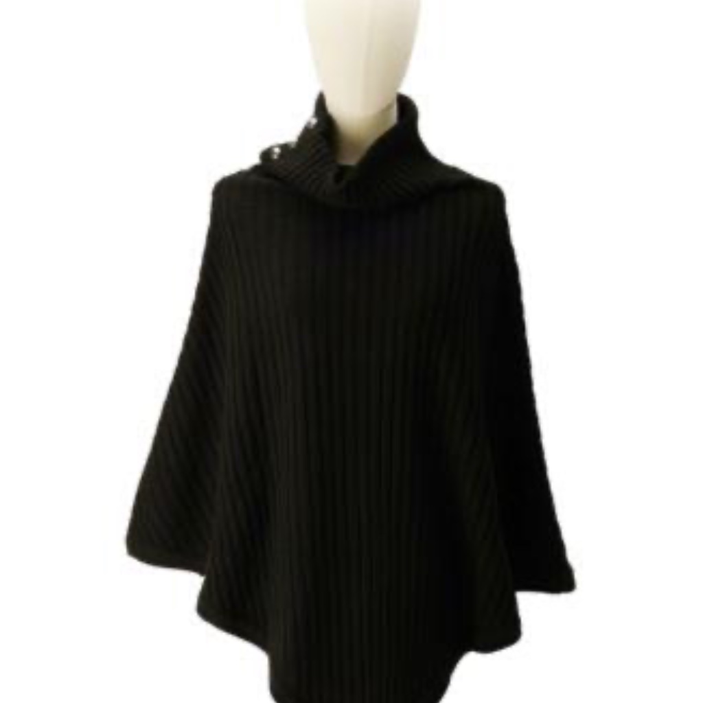 Nwt Black Knit Poncho Cape W/Silver Buttons On Turtle Neck